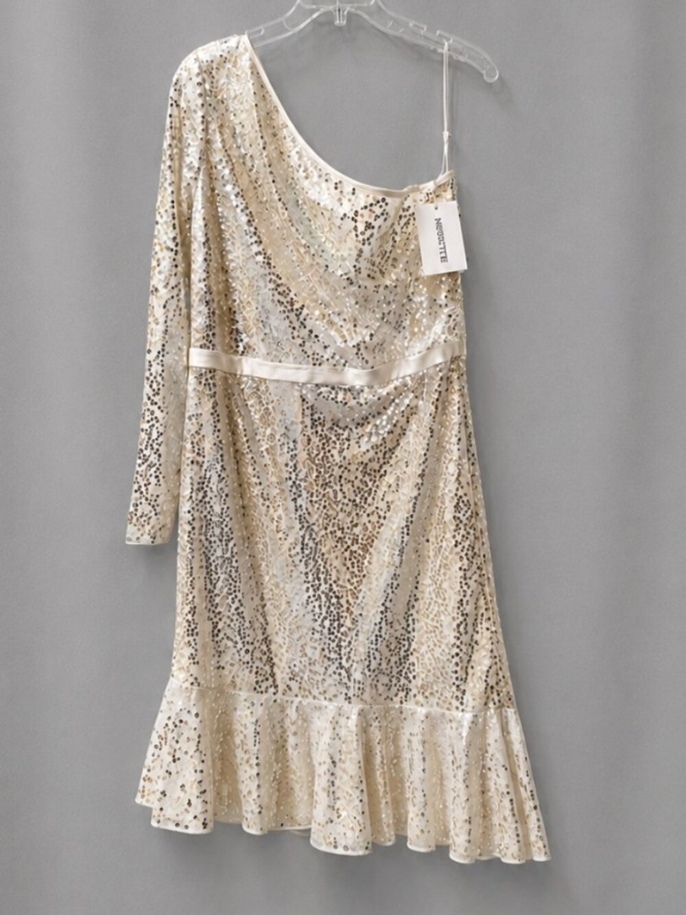 NWT Marchesa Notte Ivory Sequin One Shoulder Midi Dress Size 12